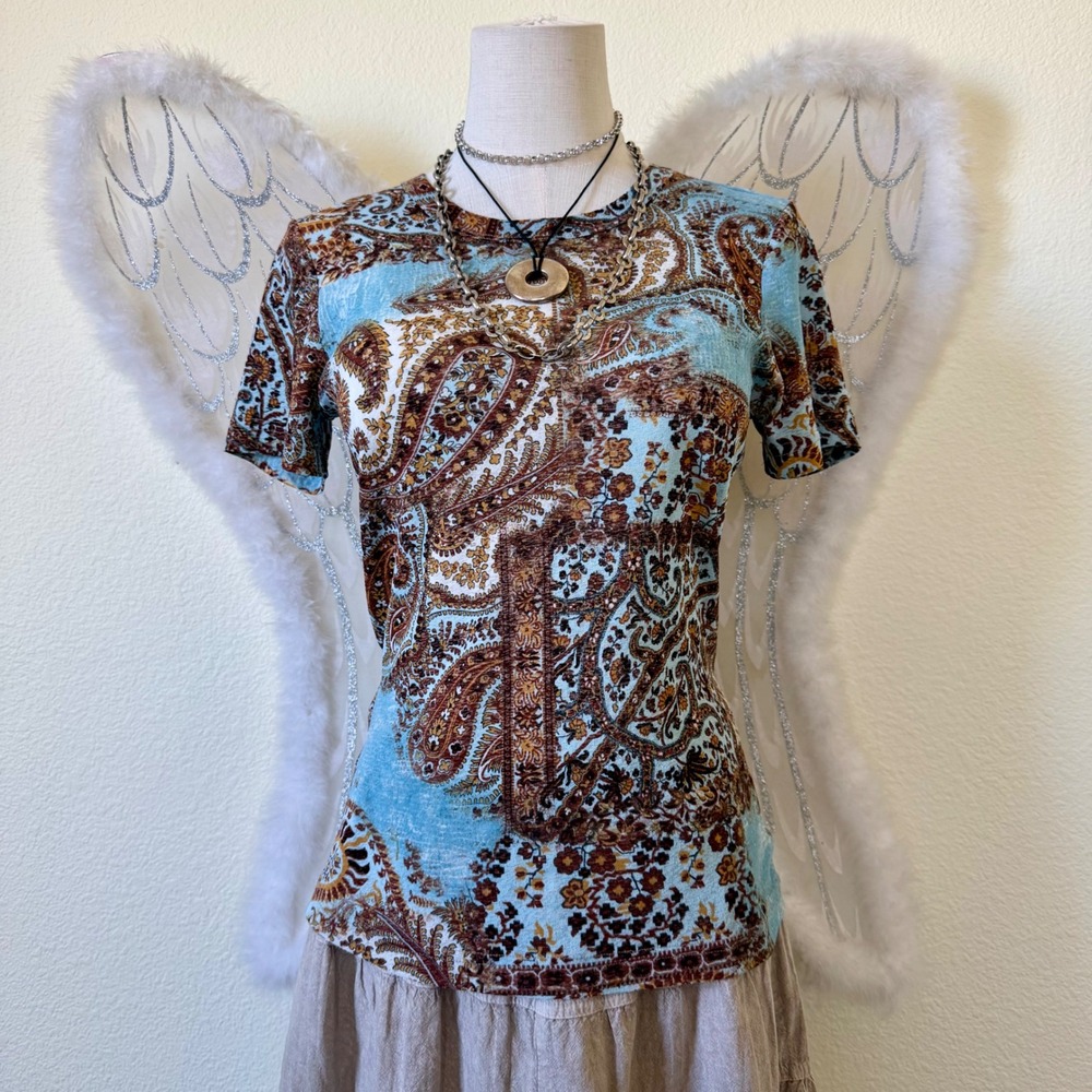 Y2K Mesh Blue Brown Paisley‎ Print Short Sleeve T-Shirt Boho Funky Sheer 90s